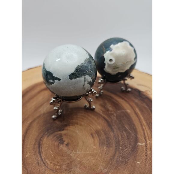 1 Pair Moss Tree Agate Sphere W/Stand 52mm .93lb - Picture 4 of 10